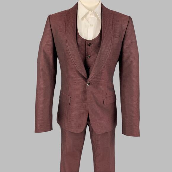 DOLCE & GABBANA Size 36 Burgundy Jacquard Wool Silk Shawl Collar 3 Piece Suit - Picture 1 of 10